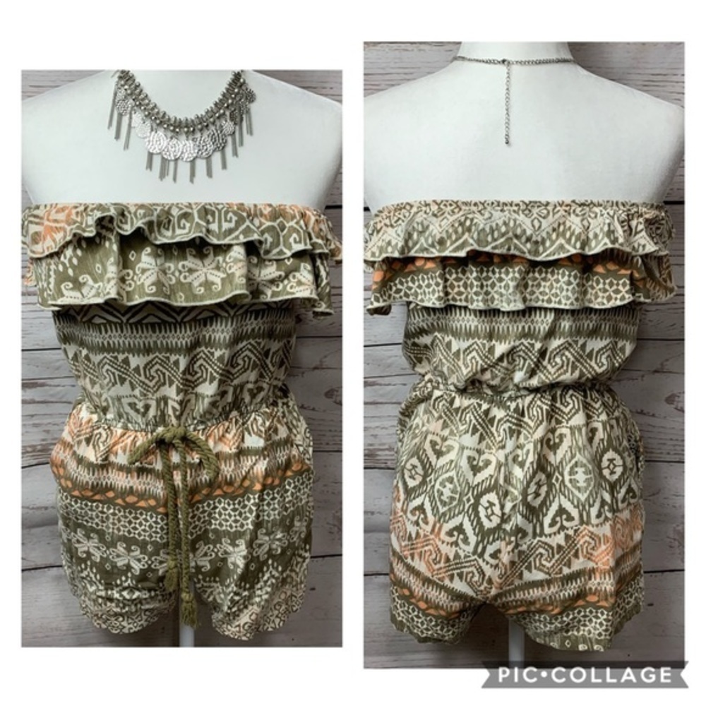 EUC Papaya Aztec Tribal Strapless Ruffle Romper